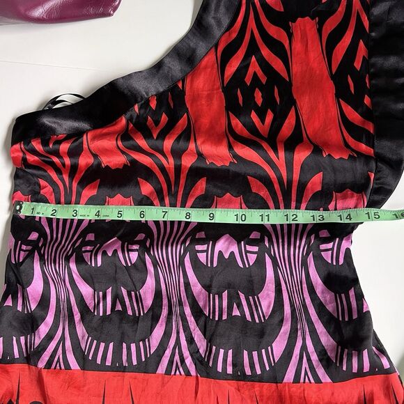 Bebe Y2K Asymmetrical Silk Blouse Size XXS One Shoulder Sexy Grunge Red Black - Picture 8 of 9